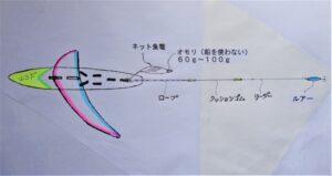 トローリングの釣り方と釣り具の説明図です