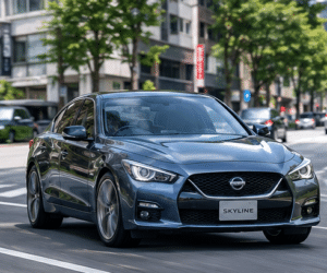日産スカイラインの正面からの斜めの画像